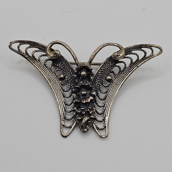 VTG Beau Brooch 925 Sterling Silver Floral Butterfly Moth Filigree Fairycore Pin - Picture 1 of 10